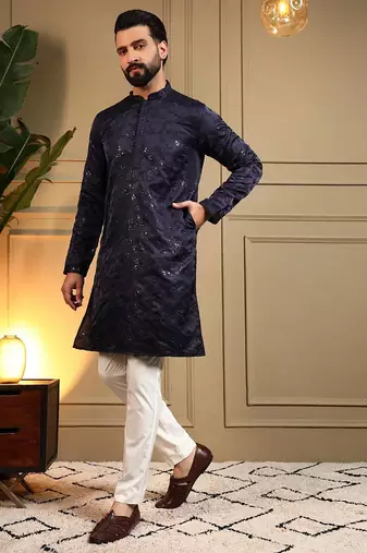 Navy blue royal silk embroidery sequence work work men kurta pyjama