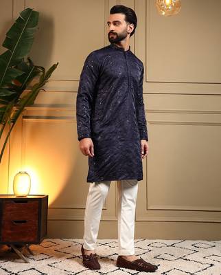 Navy blue royal silk embroidery sequence work work men kurta pyjama 3