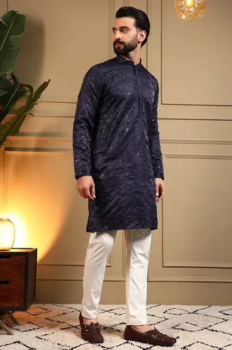 Navy blue royal silk embroidery sequence work work men kurta pyjama