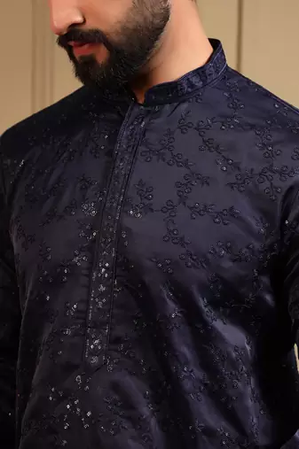 Navy blue royal silk embroidery sequence work work men kurta pyjama