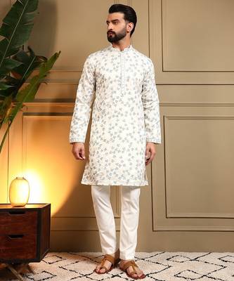 Off white royal silk embroidery sequence work work men kurta pyjama 1