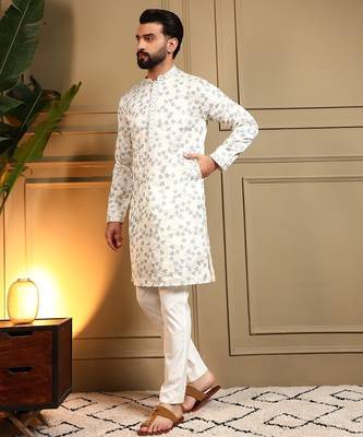 Off white royal silk embroidery sequence work work men kurta pyjama 2
