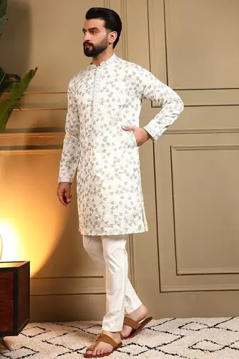Off white royal silk embroidery sequence work work men kurta pyjama