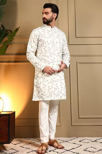 Off white royal silk embroidery sequence work work men kurta pyjama