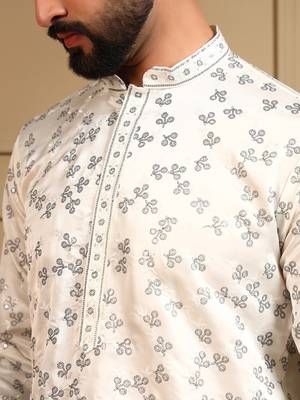 Off white royal silk embroidery sequence work work men kurta pyjama 4