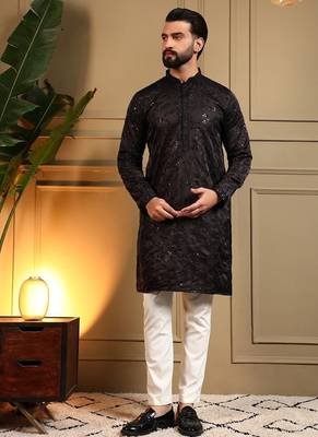 Brown royal silk embroidery sequence work work men kurta pyjama 1