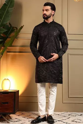 Brown royal silk embroidery sequence work work men kurta pyjama