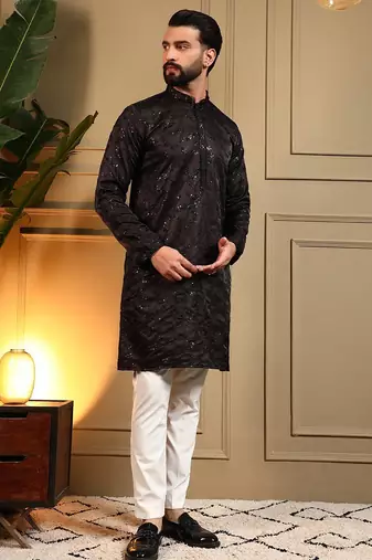 Brown royal silk embroidery sequence work work men kurta pyjama