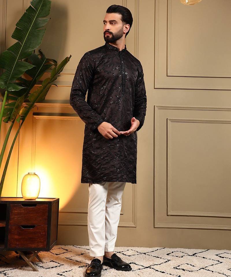 Brown royal silk embroidery sequence work work men kurta pyjama