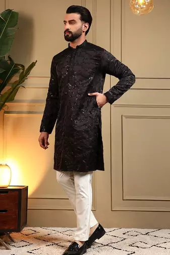 Brown royal silk embroidery sequence work work men kurta pyjama