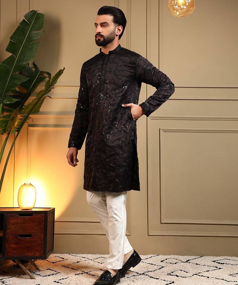 Brown royal silk embroidery sequence work work men kurta pyjama