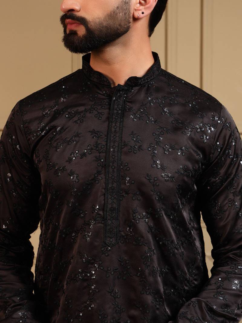 Brown royal silk embroidery sequence work work men kurta pyjama