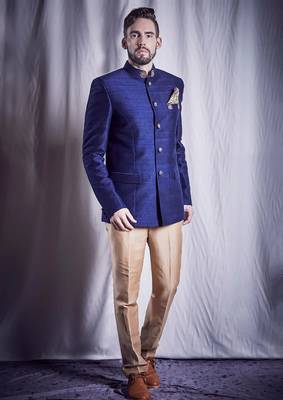 Blue hand embroidered cotton bandhgala for men 1