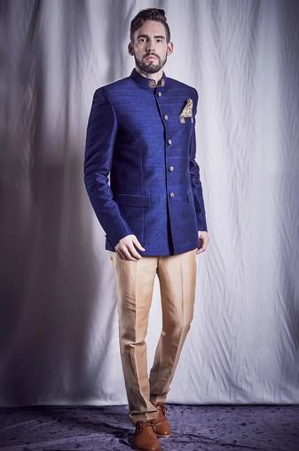 Blue hand embroidered cotton bandhgala for men
