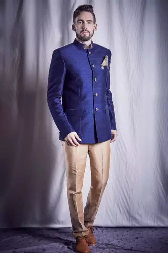 Blue hand embroidered cotton bandhgala for men
