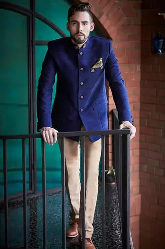 Blue hand embroidered cotton bandhgala for men