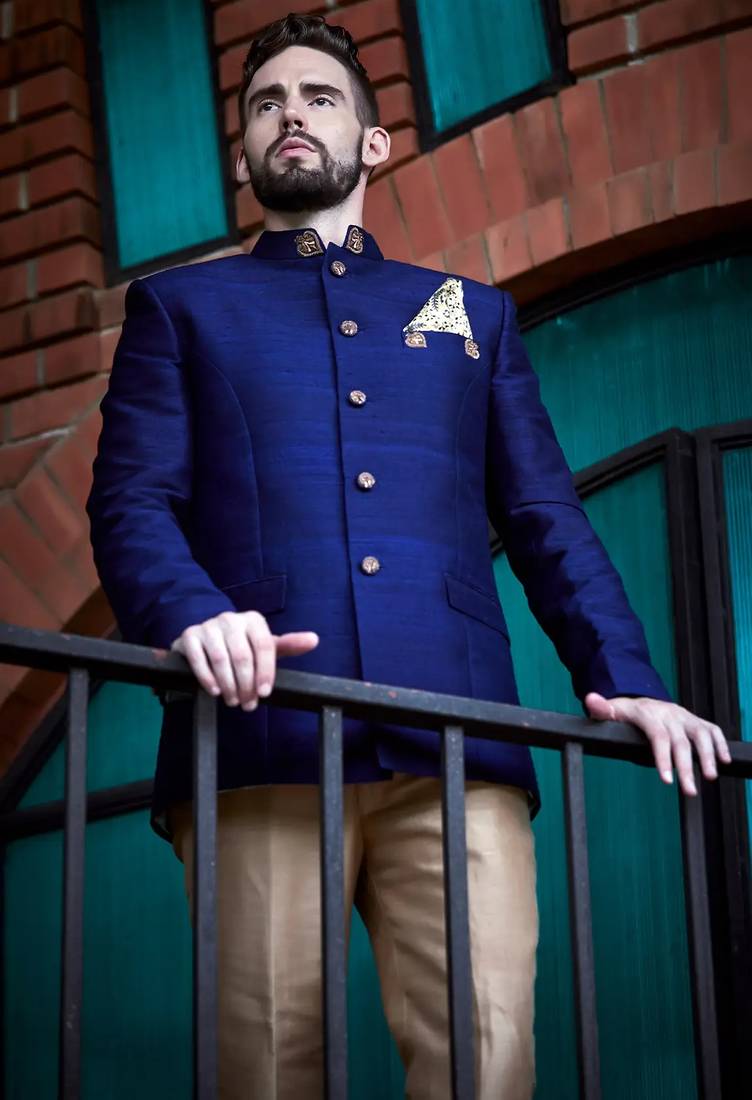 Blue hand embroidered cotton bandhgala for men