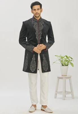 Black hand embroidered Velvet bandhgala for men 1