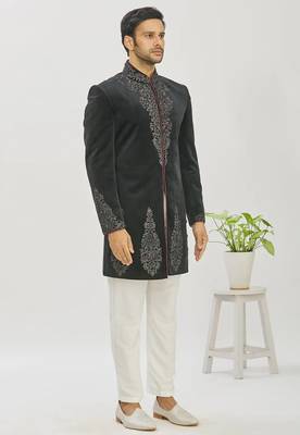 Black hand embroidered Velvet bandhgala for men 3