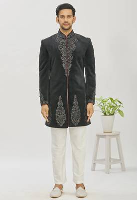 Black hand embroidered Velvet bandhgala for men 4