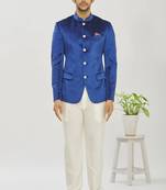 Blue solid velvet bandhgala for men