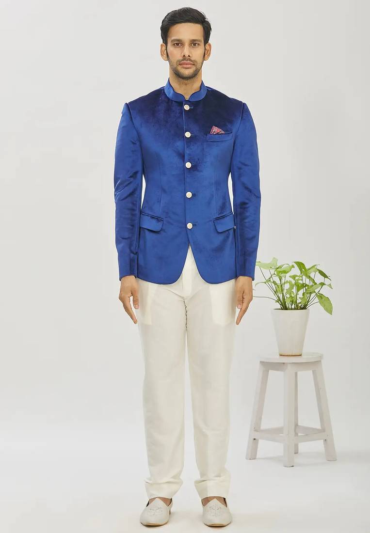 Blue solid velvet bandhgala for men