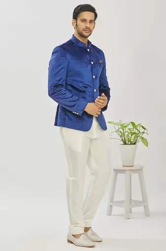 Blue solid velvet bandhgala for men