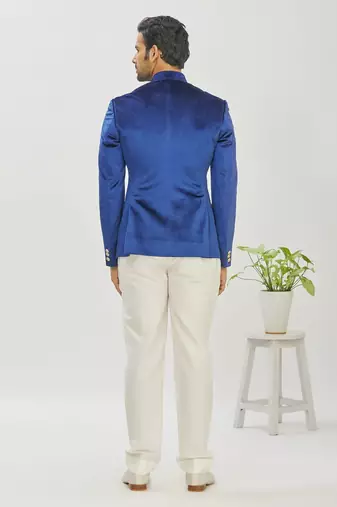 Blue solid velvet bandhgala for men
