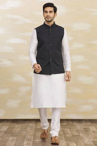 White solid silk nehru jacket set for men
