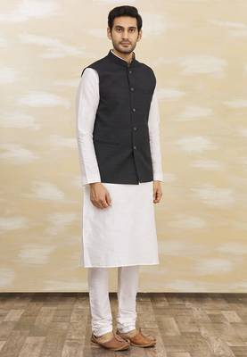 White solid silk nehru jacket set for men 3