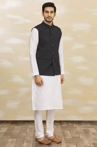 White solid silk nehru jacket set for men