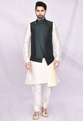 Cream solid silk nehru jacket set for men 1
