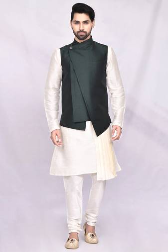 Cream solid silk nehru jacket set for men