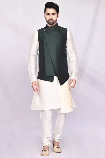 Cream solid silk nehru jacket set for men