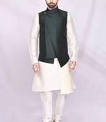 Cream solid silk nehru jacket set for men