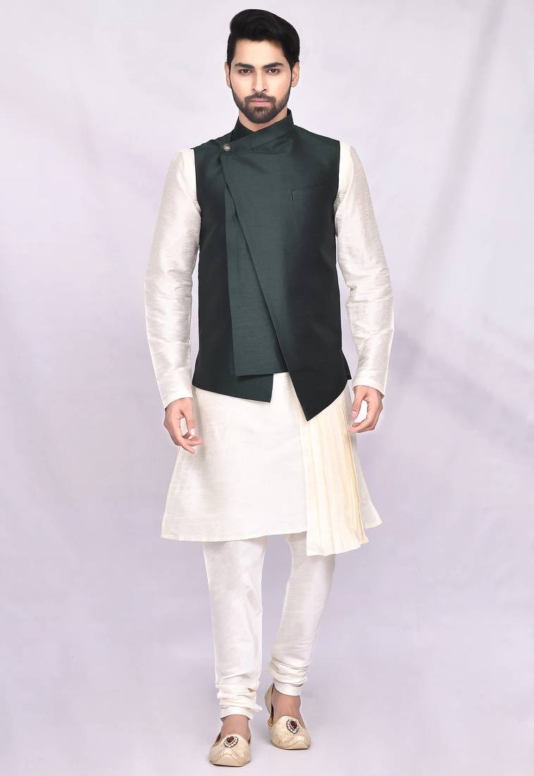 Cream solid silk nehru jacket set for men