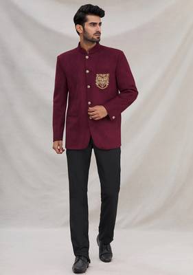 Wine hand embroidered Velvet bandhgala for men 1
