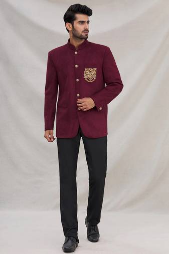 Wine hand embroidered Velvet bandhgala for men