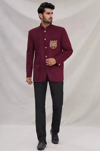 Wine hand embroidered Velvet bandhgala for men