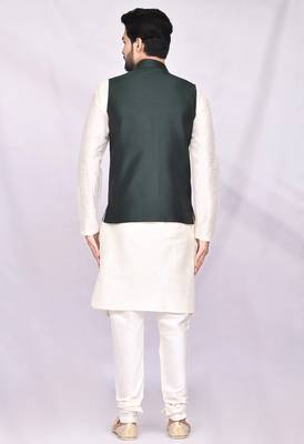 Cream solid silk nehru jacket set for men 2