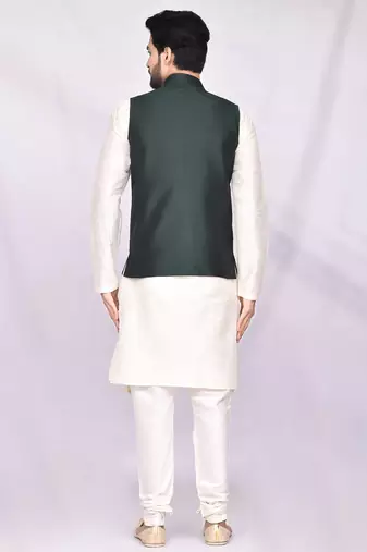 Cream solid silk nehru jacket set for men