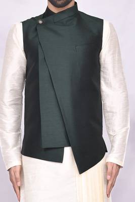 Cream solid silk nehru jacket set for men 3