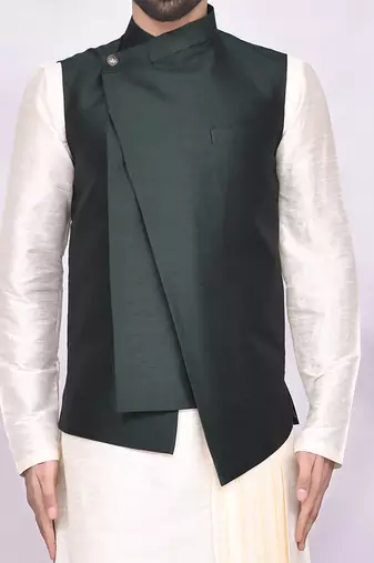 Cream solid silk nehru jacket set for men