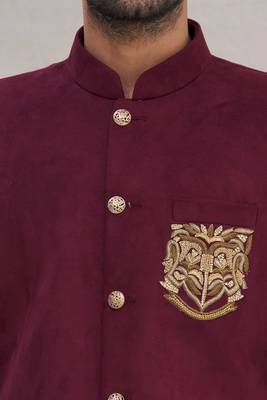 Wine hand embroidered Velvet bandhgala for men 3