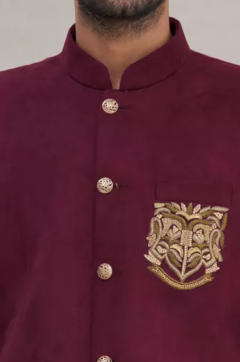 Wine hand embroidered Velvet bandhgala for men