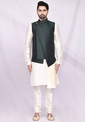 Cream solid silk nehru jacket set for men 4