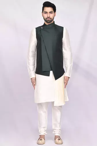 Cream solid silk nehru jacket set for men