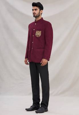 Wine hand embroidered Velvet bandhgala for men 4
