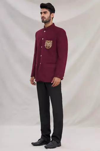 Wine hand embroidered Velvet bandhgala for men