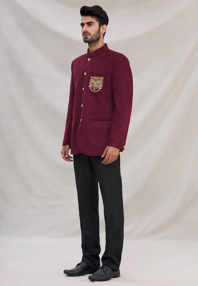 Wine hand embroidered Velvet bandhgala for men